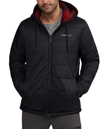 Hurley Mens Reversible Puffer Jacket - Quilted Nylon to Plaid Fleece Puffer Jacket - Insulated Winter Jackets for Men (S-XL) Size Large Black